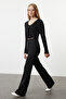 Siyah Wide Leg/İspanyol Paça Yüksek Bel İnterlok Esnek Örme Pantolon TWOAW25PL00006 - 3
