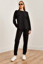 Women's Black Soft Textured Bottom and Top Crystal Tracksuit Set Etkm-0000064 - 5
