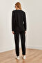 Women's Black Soft Textured Bottom and Top Crystal Tracksuit Set Etkm-0000064 - 6