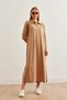 Women's Camel Polo Neck Long Sleeve Slit Twirl Dress Elb- 19002246 - 7