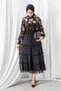 Women's Lined Chiffon Fabric Skirt with Floor Detail Velvet Textured Flower Patterned Black Hijab Evening Dress 5971