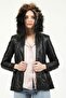 Mistral Women's Hooded Genuine Leather Coat Black - 4