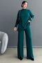 Women's Stand Collar Knitwear Fabric Long Sleeve Green Sweater And High Waist Green Pants Set 1070