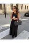 Women's A-Line Maxi Linen Look Fabric Black Dress with Flared Skirt - 3