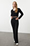 Siyah Wide Leg/İspanyol Paça Yüksek Bel İnterlok Esnek Örme Pantolon TWOAW25PL00006 - 2