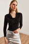 Women's Black Degaje Collar Draped Blouse Blz-19002713 - 5