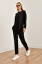 Women's Black Soft Textured Bottom and Top Crystal Tracksuit Set Etkm-0000064 - 4