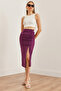 Women's Plum Slit Drape Detailed Zippered Midi Sandy Skirt Etk-19000229