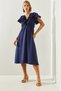Women's Navy Blue Lined Ruffle Detailed V-Neck Gipeli Airobin Linen Dress 5833 60251685 - 4