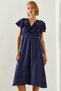 Women's Navy Blue Lined Ruffle Detailed V-Neck Gipeli Airobin Linen Dress 5833 60251685