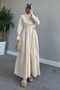 Poplin Fabric Hijab Dress - Shirt Collar and Tie Detail - Cream
