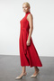 Red Belted Waist Opening Stand Collar Midi Woven Dress Twoaw25El00136 - 2
