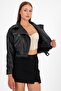 Women's Double Breasted Collar Crop Leather Jacket - 4