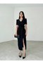 Bow Detailed Padded Slit V-Neck Draped Long Dress - 3