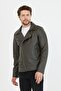 Men's Khaki New Season Cross Zipper Leather Jacket Coat - 3