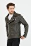 Men's Khaki New Season Cross Zipper Leather Jacket Coat - 7