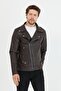 Men's Brown New Season Cross Zipper Leather Jacket Coat - 6