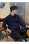 Men's Navy Blue Slim Fit Plain Polo Neck Knitwear Sweater - 4