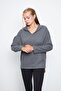 Women's V-Neck Hooded Oversize Sweatshirt with Kangaroo Pocket and Slits - 4