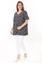 Women's Large Size Navy Blue V-neck Floral Print Short Sleeve Blouse 65N37900 - 3