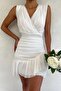 Women's Double Breasted Collar Lined Tulle Fabric Sleeveless White Mini Dress 9400 - 3