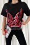 Women's Black New Season Complete Sequin Embroidered Tassel Design Cotton T-Shirt - 3