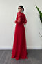 Tulle Fabric Double-Breasted Collar Maxi Dress - RED - 5