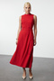 Red Belted Waist Opening Stand Collar Midi Woven Dress Twoaw25El00136