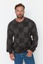 Black Unisex Oversize Wide Fit Crew Neck Checkered Knitwear Sweater Tmnaw23Kz00279 - 4