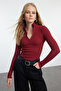 Bordo Fitted/vücuda Oturan Fermuarlı Yaka Esnek  Örme Bluz TWOAW25BZ00163 - 2