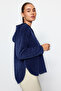 Navy Blue Thick Fleece Hooded and Zippered Oversize/Wide Fit Knitted Sweatshirt TWOAW22SW2063 - 3