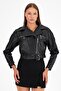 Women's Double Breasted Collar Crop Leather Jacket - 6