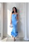 Baby Blue Asymmetrical Curved Hem Midi Length Dress - 4