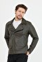Men's Khaki New Season Cross Zipper Leather Jacket Coat - 4