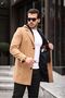 Men's Vizyon Wool Blend Cashew Hooded Long Coat with Zipper and Buttons on the Front