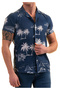 Indigo Blue Hawaiian Pamiye Pattern Printed Breathable Slim Fit Men's Short Sleeve Shirt