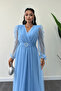 Tulle Fabric Double-Breasted Collar Maxi Dress - BABY BLUE - 3