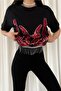 Women's Black New Season Complete Sequin Embroidered Tassel Design Cotton T-Shirt - 5