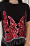 Women's Black New Season Complete Sequin Embroidered Tassel Design Cotton T-Shirt - 2