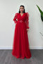 Tulle Fabric Double-Breasted Collar Maxi Dress - RED