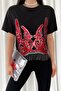 Women's Black New Season Complete Sequin Embroidered Tassel Design Cotton T-Shirt