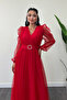 Tulle Fabric Double-Breasted Collar Maxi Dress - RED - 4