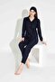 Women's Navy Blue Polka Dot Pattern Front Buttoned Mother Daughter Suede Velvet Winter Warm Pajama Set - 5