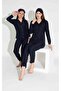 Women's Navy Blue Polka Dot Pattern Front Buttoned Mother Daughter Suede Velvet Winter Warm Pajama Set