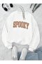 Women's White Spooky Printed Crew Neck Hoodie Sweatshirt - 4