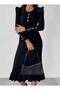 Women's Black Stylish Long Knitwear Dress with Sleeve Buttons and Ruffle Detail - 4