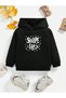 Girls-Boys Black Swipe up Front Printed Hooded Sweatshirt