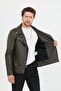 Men's Khaki New Season Cross Zipper Leather Jacket Coat - 5