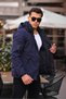 Outdoor Hooded Water and Windproof Quilted Fur Fiber Filled Navy Blue Softshell Coat - 8