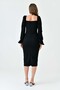 Black Stretchy Crepe Fabric Double Breasted Collar Low-Cut Chest Balloon Sleeves and Slit Midi Dress 581915 - 3